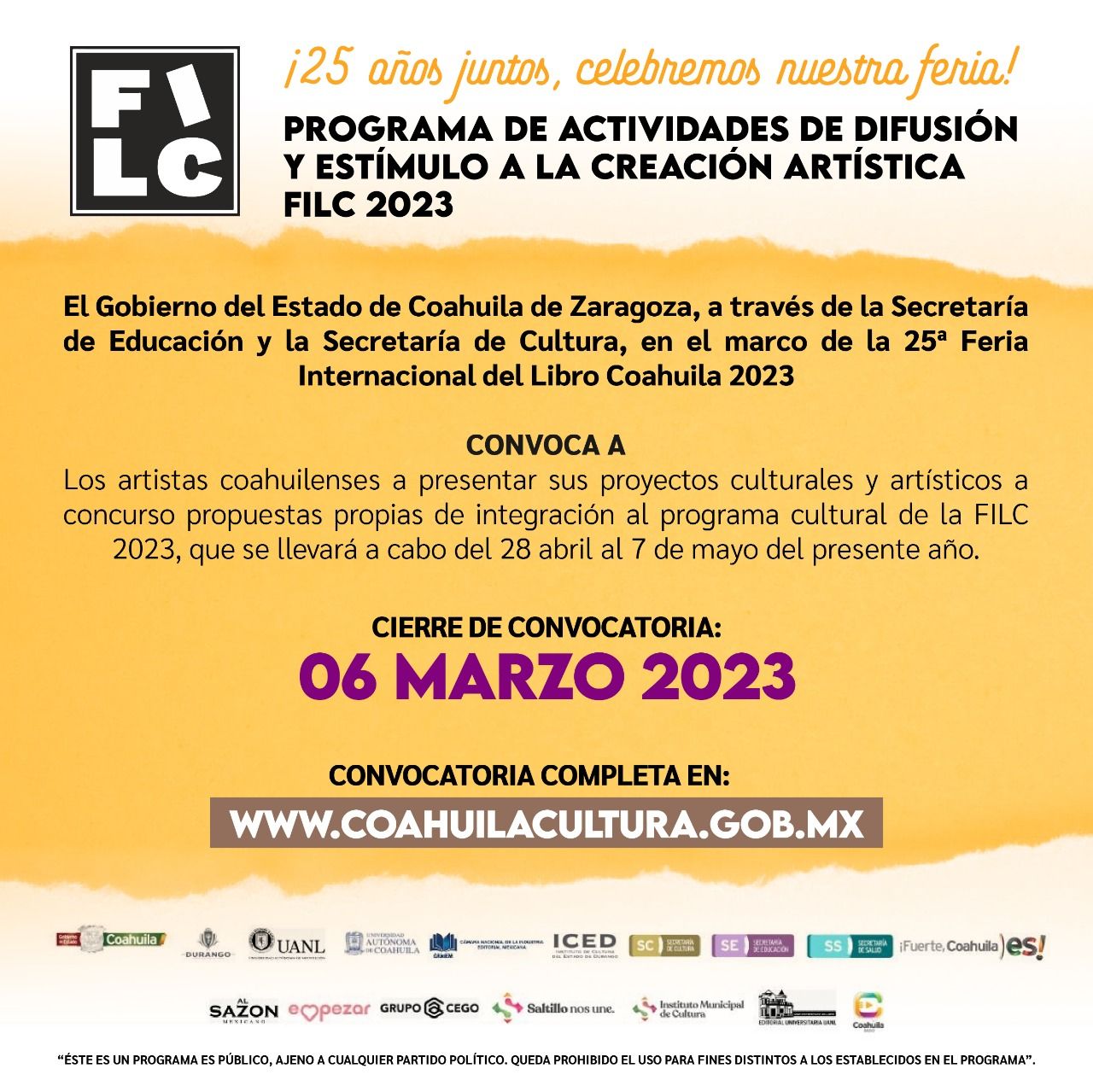 CONVOCA COAHUILA A ESCRITORES Y ARTISTAS  A PARTICIPAR EN LA FILC 2023