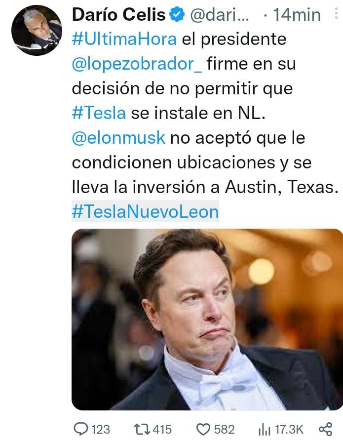 AHUYENTA AMLO MILLONARIA INVERSIÓN DE TESLA EN MÉXICO