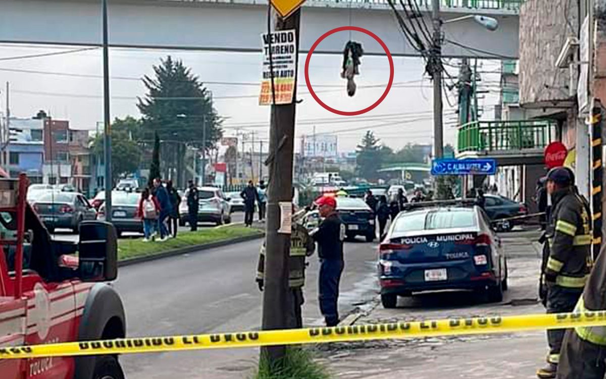 CUELGAN RESTOS HUMANOS EN PUENTE PEATONAL FRENTE A CU UAEMEX, TOLUCA