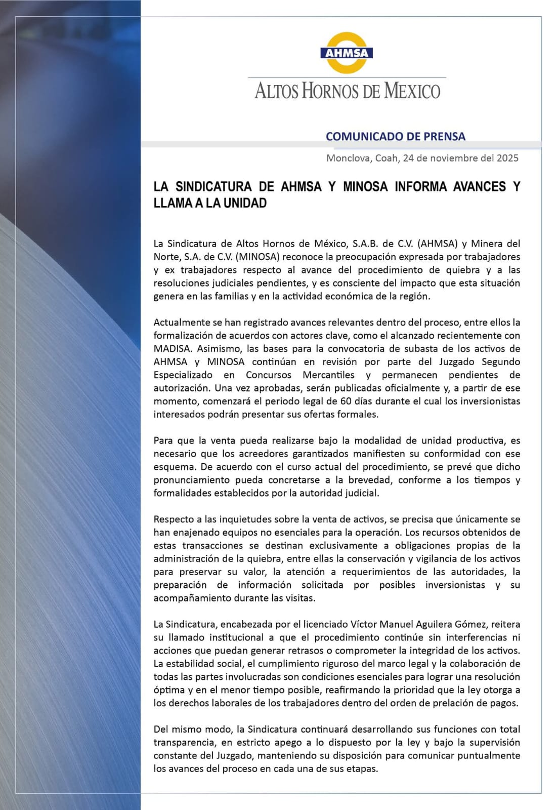 AHMSA Y MINOSA AVANZAN: ACUERDOS CLAVE, SUBASTA EN VISTA Y LLAMADO A LA UNIDAD