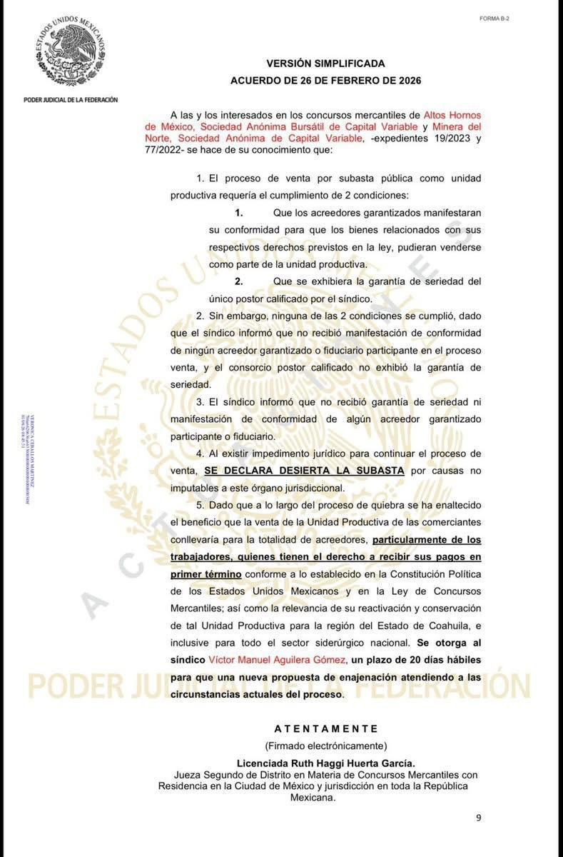 DECLARAN DESIERTA SUBASTA DE AHMSA Y MINERA DEL NORTE
