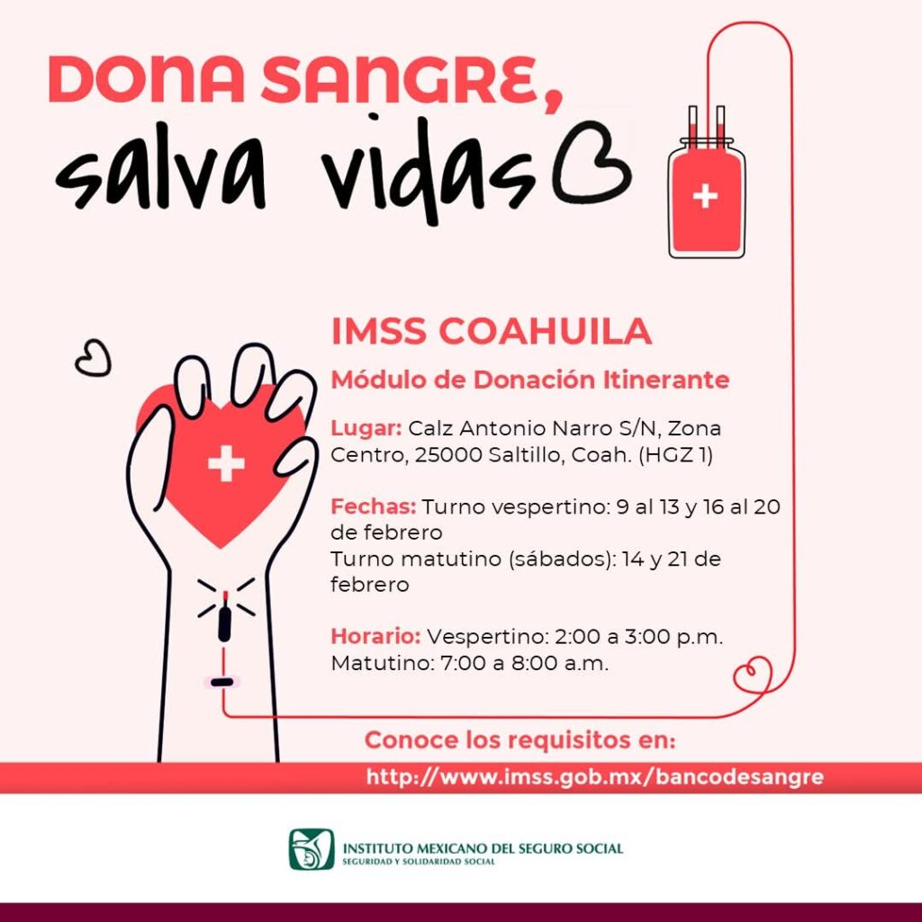 LLAMA IMSS COAHUILA A JORNADA DE DONACIÓN ALTRUISTA DE SANGRE EN SALTILLO