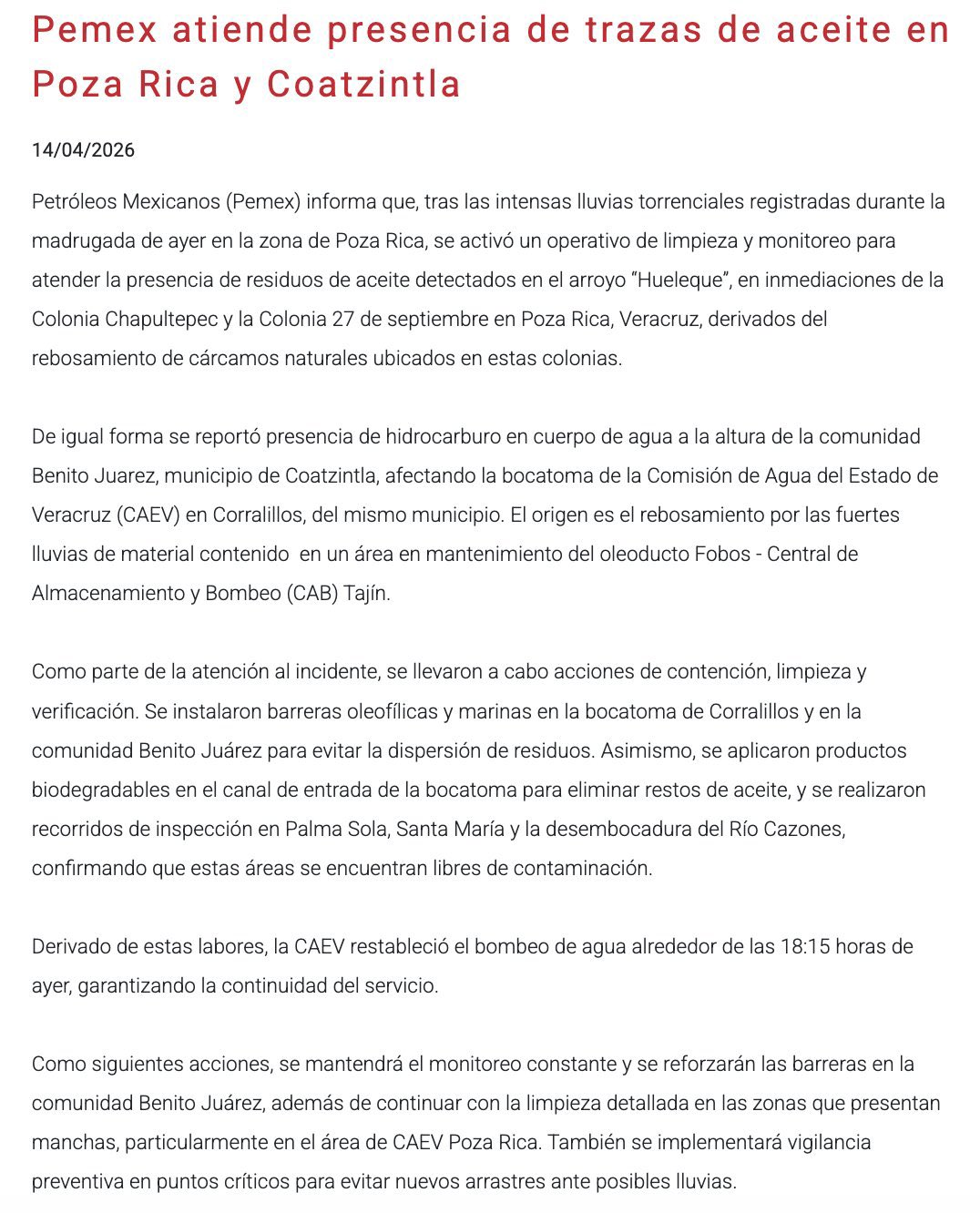 ¿OTRO DERRAME EN VERACRUZ? PEMEX ATRIBUYE EL INCIDENTE A LLUVIAS TORRENCIALES EN POZA RICA Y COATZINTLA