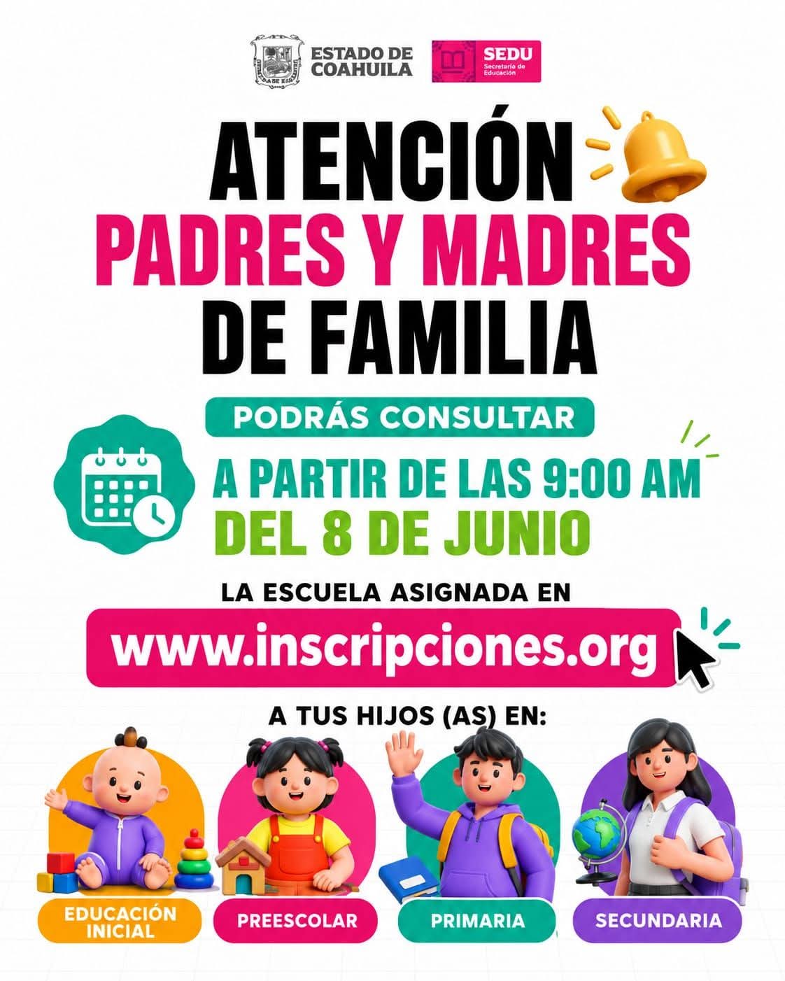 A PARTIR DE LAS 9:00 HORAS DEL 8 DE JUNIO PODRÁN CONSULTAR LA ESCUELA ASIGNADA