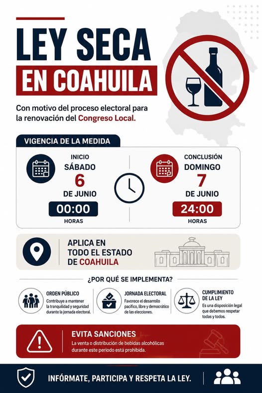 EXHORTAN A RESPETAR LA LEY SECA DURANTE JORNADA ELECTORAL EN COAHUILA