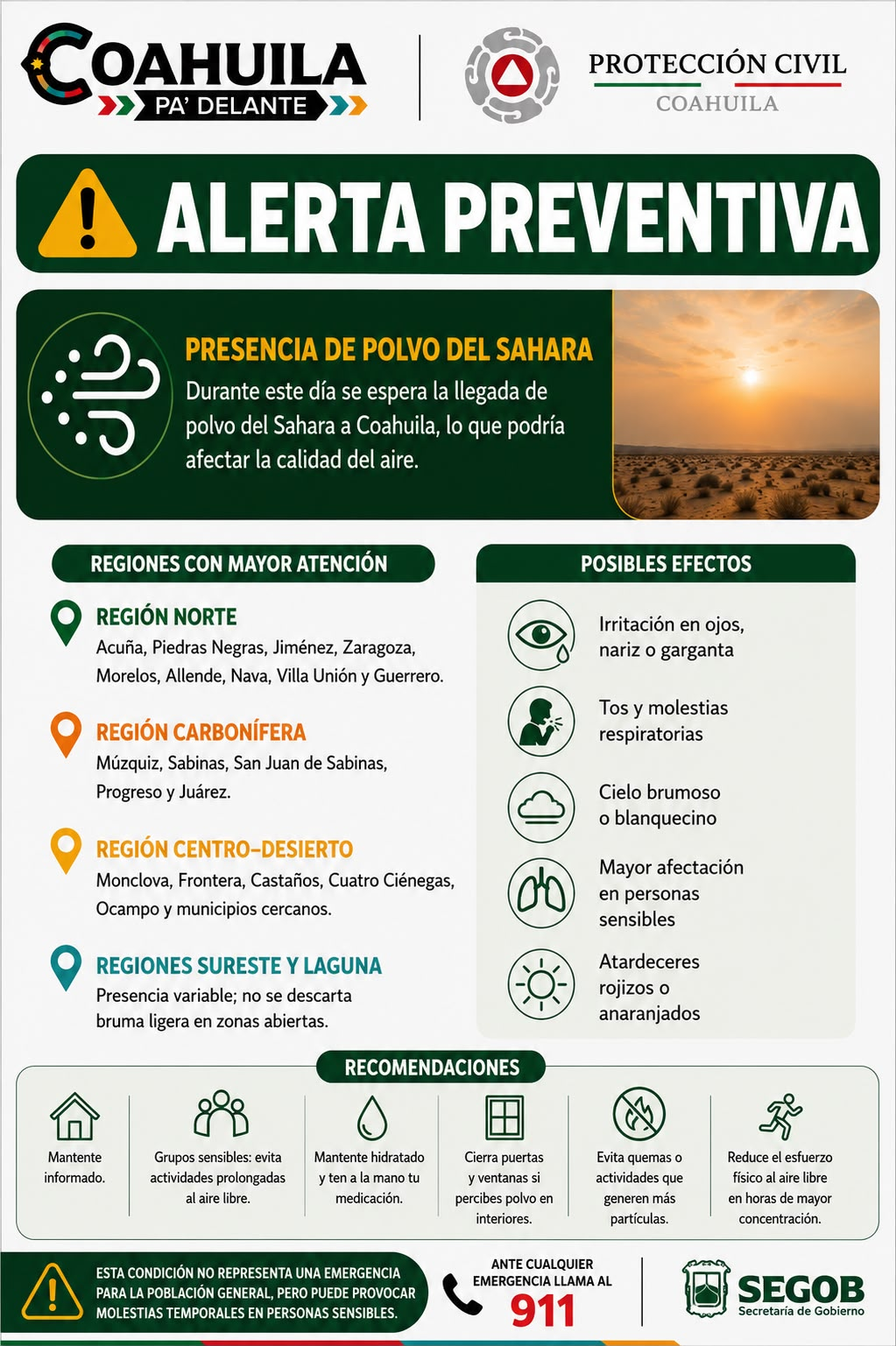 EMITE SUBSECRETARÍA DE PROTECCIÓN CIVIL ALERTA POR PRESENCIA DE POLVO DEL SAHARA EN COAHUILA