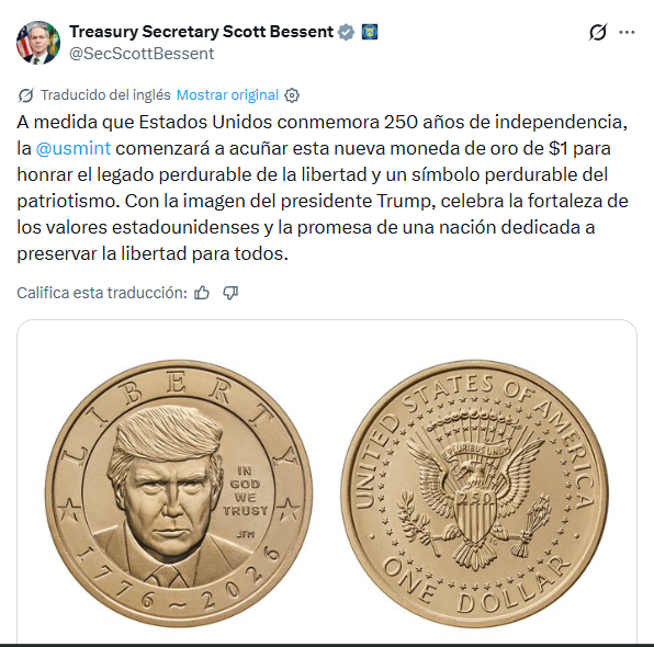 ESTADOS UNIDOS ACUÑARÁ UNA NUEVA MONEDA DE ORO DE 1 DÓLAR CON LA IMAGEN DE TRUMP
