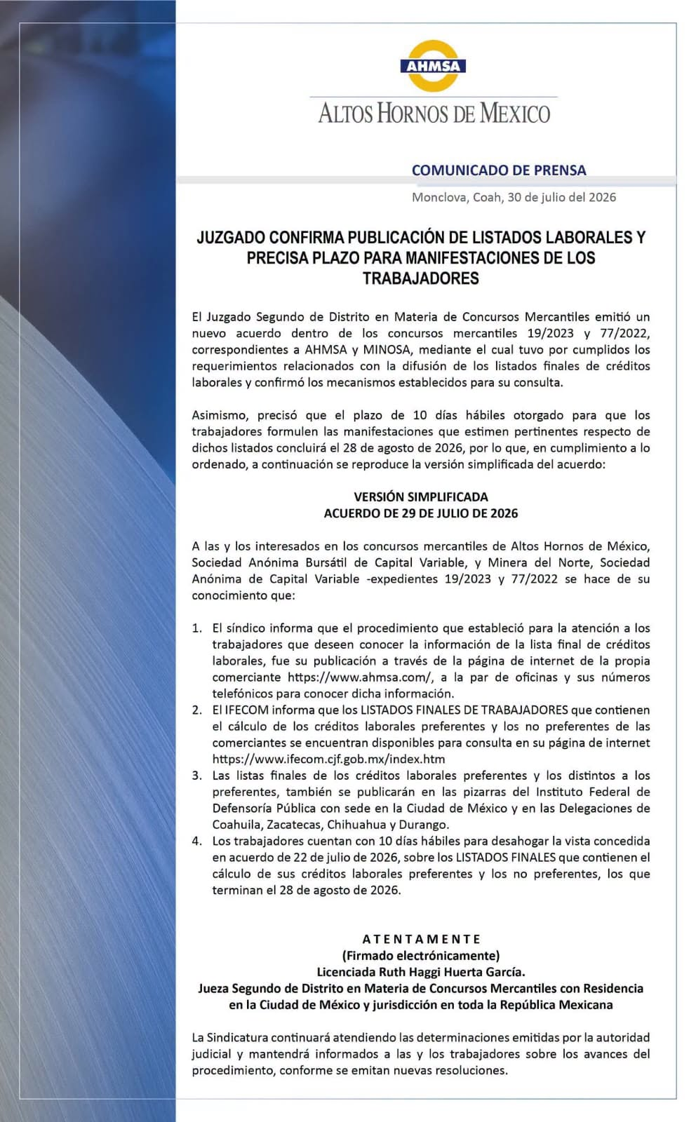 CONFIRMA JUZGADO PLAZO PARA REVISAR CRÉDITOS LABORALES DE AHMSA; VENCE 28 DE AGOSTO