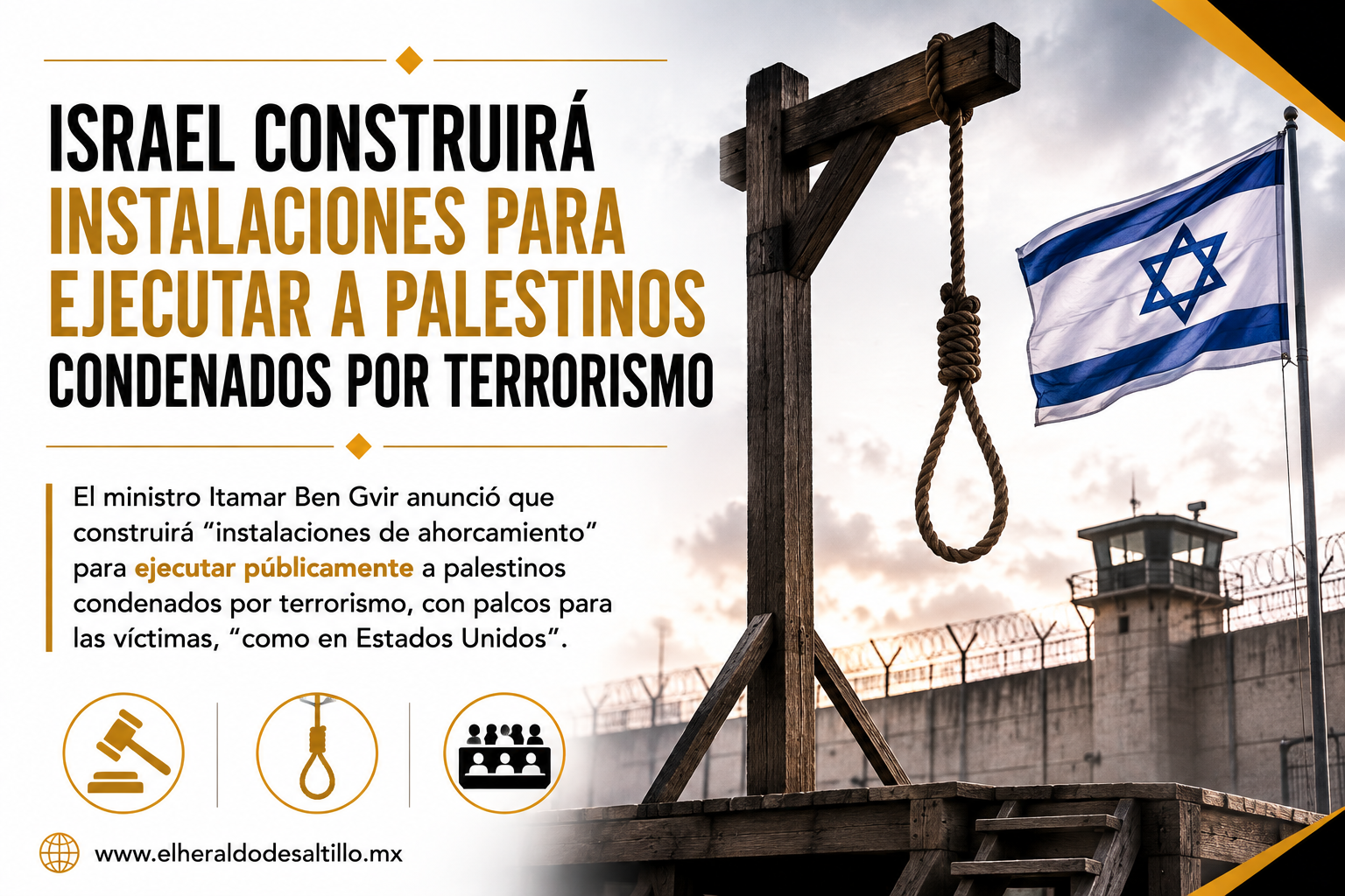  ISRAEL CONSTRUIRÁ INSTALACIONES PARA EJECUTAR A PALESTINOS CONDENADOS POR TERRORISMO