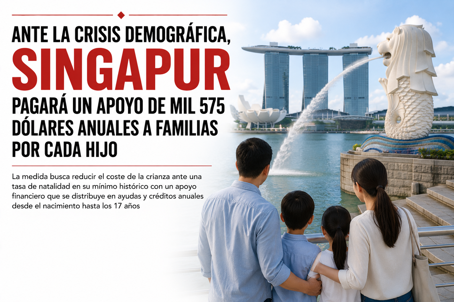ANTE LA CRISIS DEMOGRÁFICA, SINGAPUR PAGARÁ UN APOYO DE MIL 575 DÓLARES ANUALES A FAMILIAS POR CADA HIJO