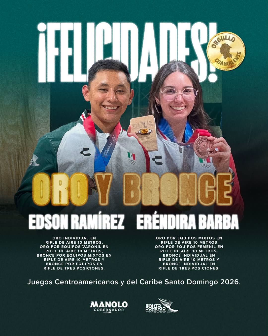 MANOLO JIMÉNEZ RECONOCE A EDSON RAMÍREZ Y ERÉNDIRA BARBA POR SU DESTACADA ACTUACIÓN EN SANTO DOMINGO 2026
