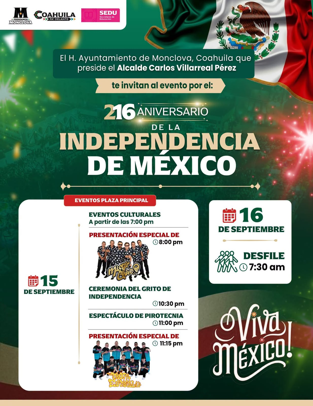 CARLOS VILLARREAL ENCABEZARÁ TRADICIONAL GRITO DE INDEPENDENCIA EN MONCLOVA