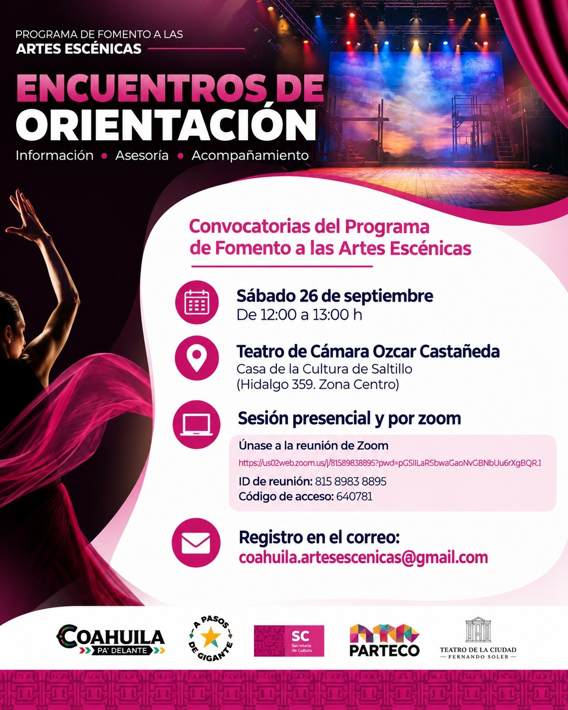 INVITA SECRETARÍA DE CULTURA A ENCUENTRO DE ORIENTACIÓN SOBRE LAS CONVOCATORIAS DEL PROGRAMA DE FOMENTO A LAS ARTES ESCÉNICAS