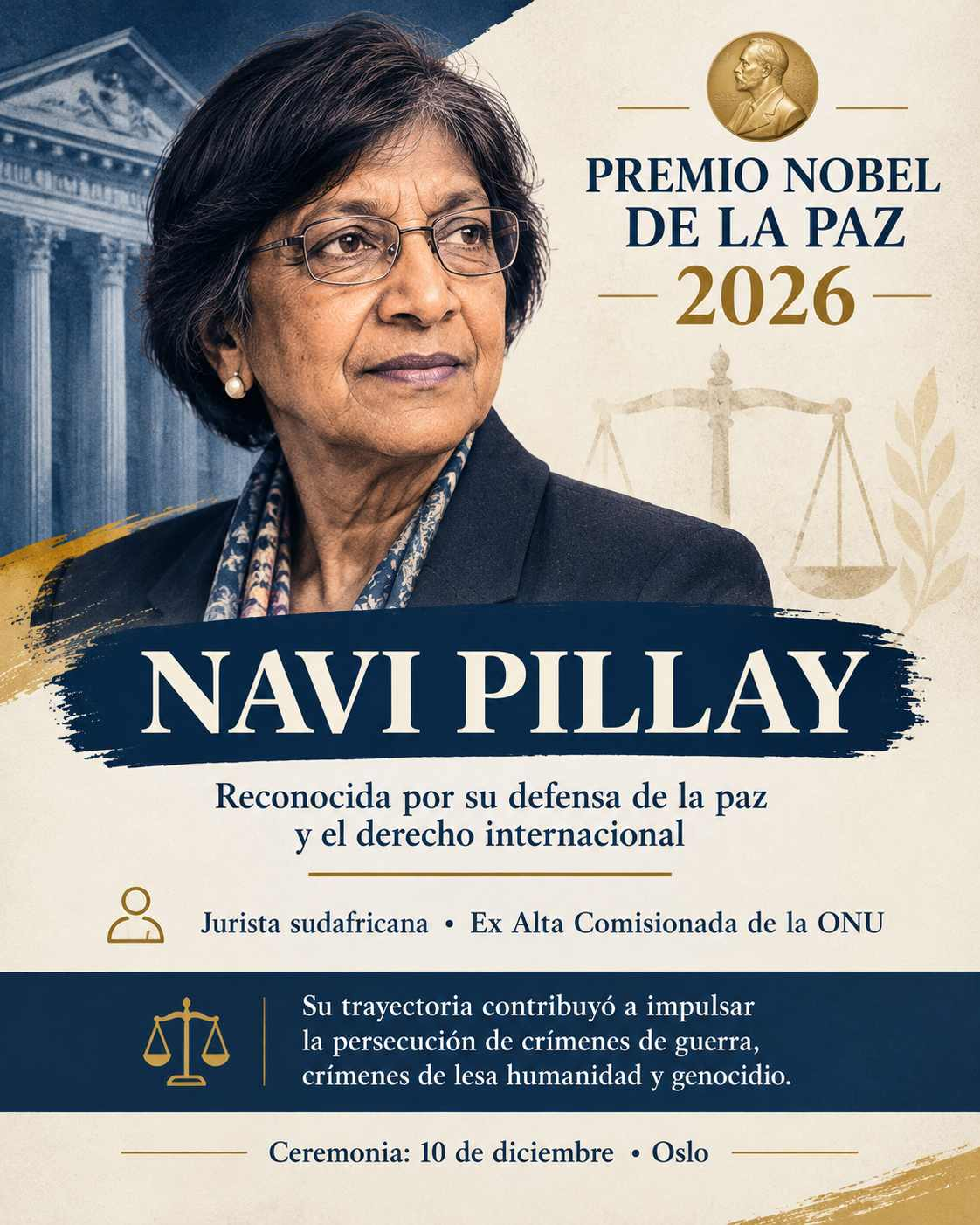NAVI PILLAY GANA EL NOBEL DE LA PAZ 2026 POR SU DEFENSA DEL DERECHO INTERNACIONAL