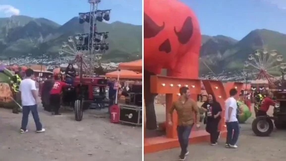 MUJER AL VOLANTE DE UN TRACTOR DESTRUYE CALABAZA GIGANTE EN FESTIVAL DE OTOÑO EN NUEVO LEÓN